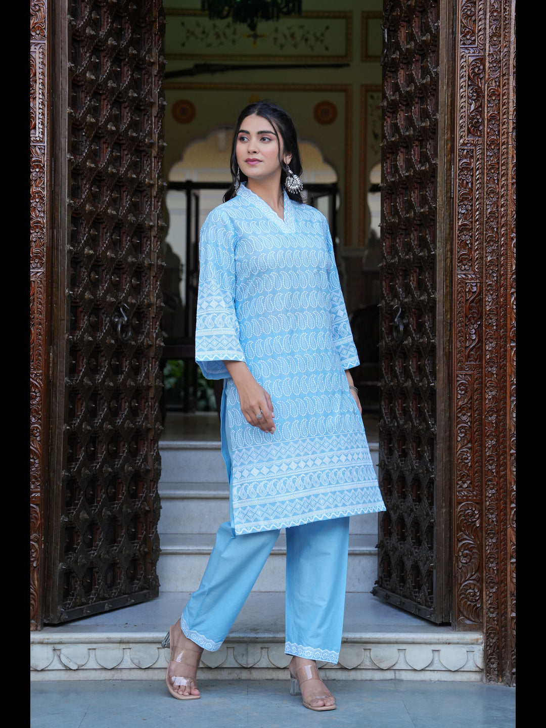 Blue Printed Straight Pure Cotton Kurta With Pant