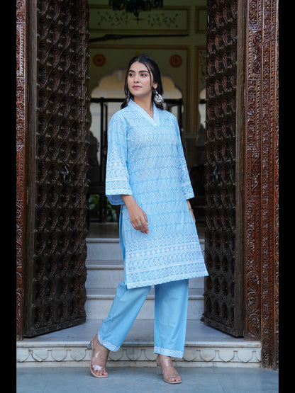 Blue Printed Straight Pure Cotton Kurta With Pant