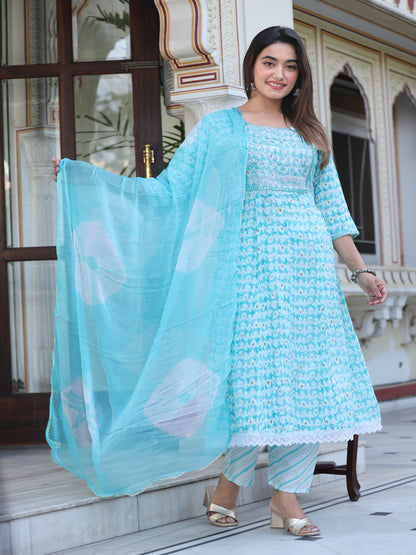 Aqua Anarkali Rayon Printd Embroiderd Kurta With Pant And Dupatta