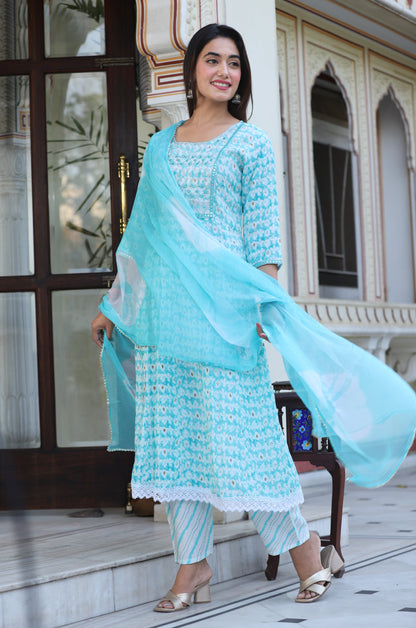 Aqua Anarkali Rayon Printd Embroiderd Kurta With Pant And Dupatta
