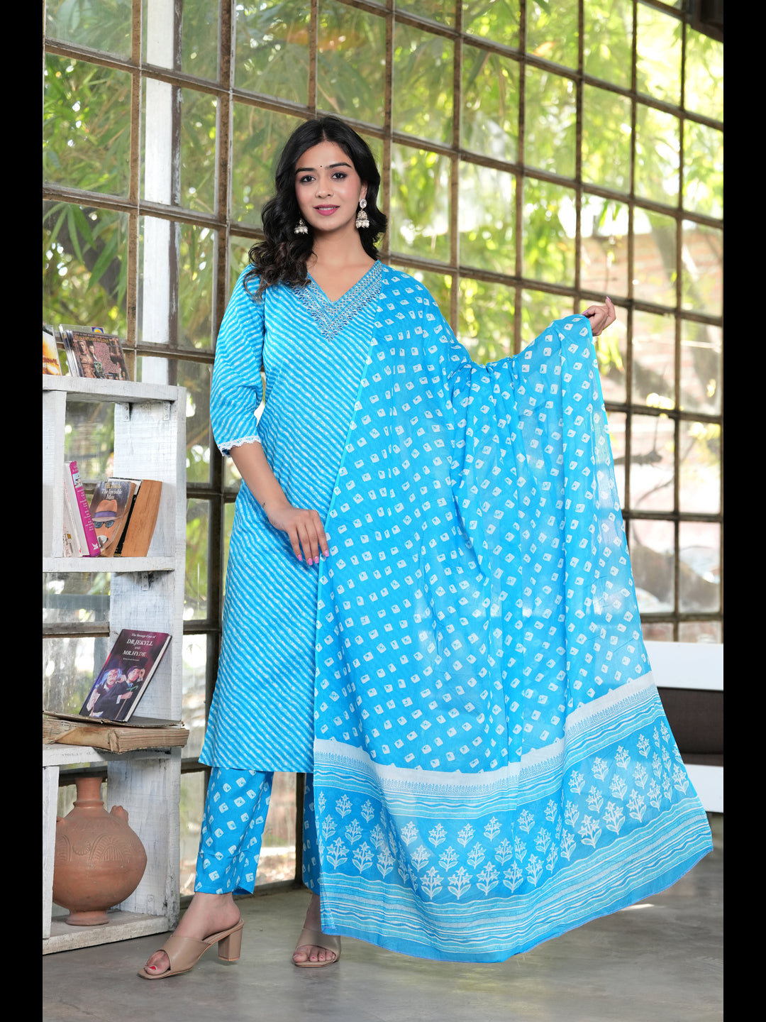 Aqua Straight Printed Cotton Kurta Bottom With Dupatta