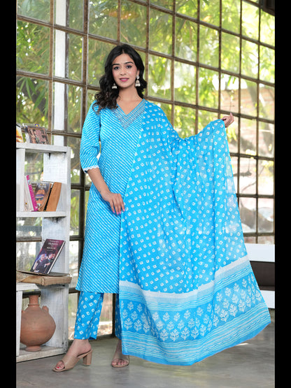 Aqua Straight Printed Cotton Kurta Bottom With Dupatta