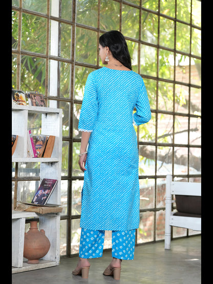 Aqua Straight Printed Cotton Kurta Bottom With Dupatta