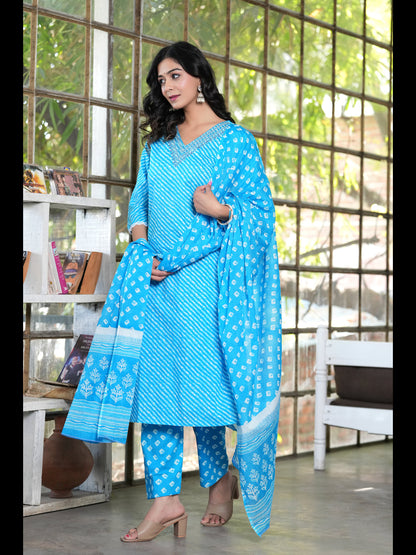 Aqua Straight Printed Cotton Kurta Bottom With Dupatta