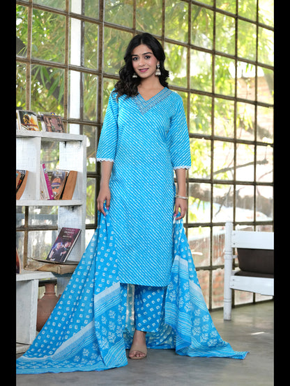 Aqua Straight Printed Cotton Kurta Bottom With Dupatta