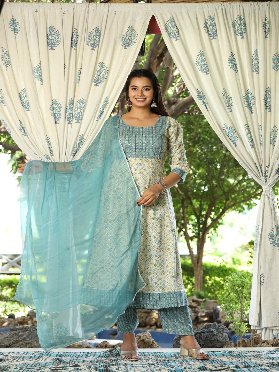 Multi Anarkali Rayon Printed Embroidered Kurta With Pant Dupatta