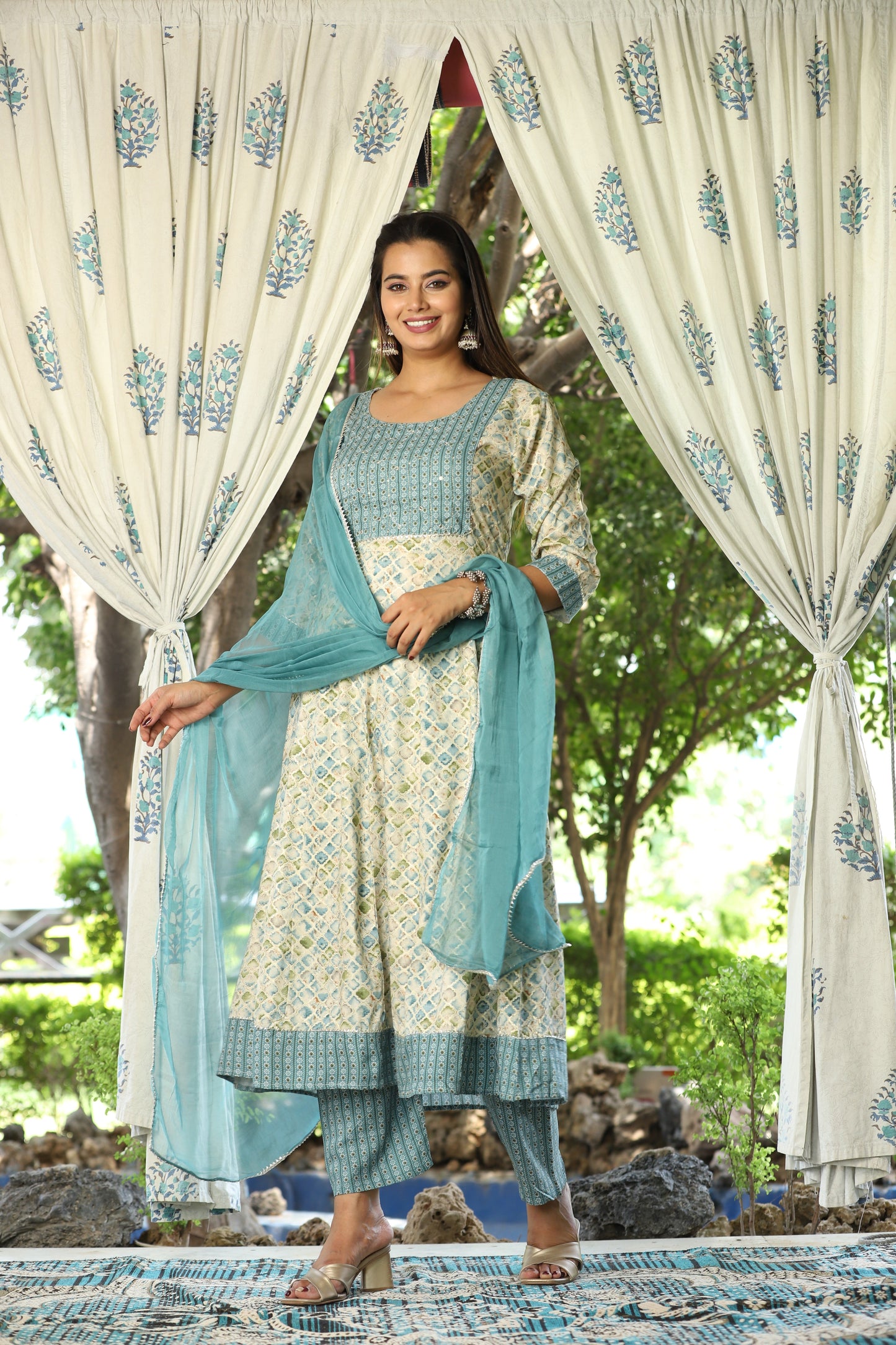 Multi Anarkali Rayon Printed Embroidered Kurta With Pant Dupatta