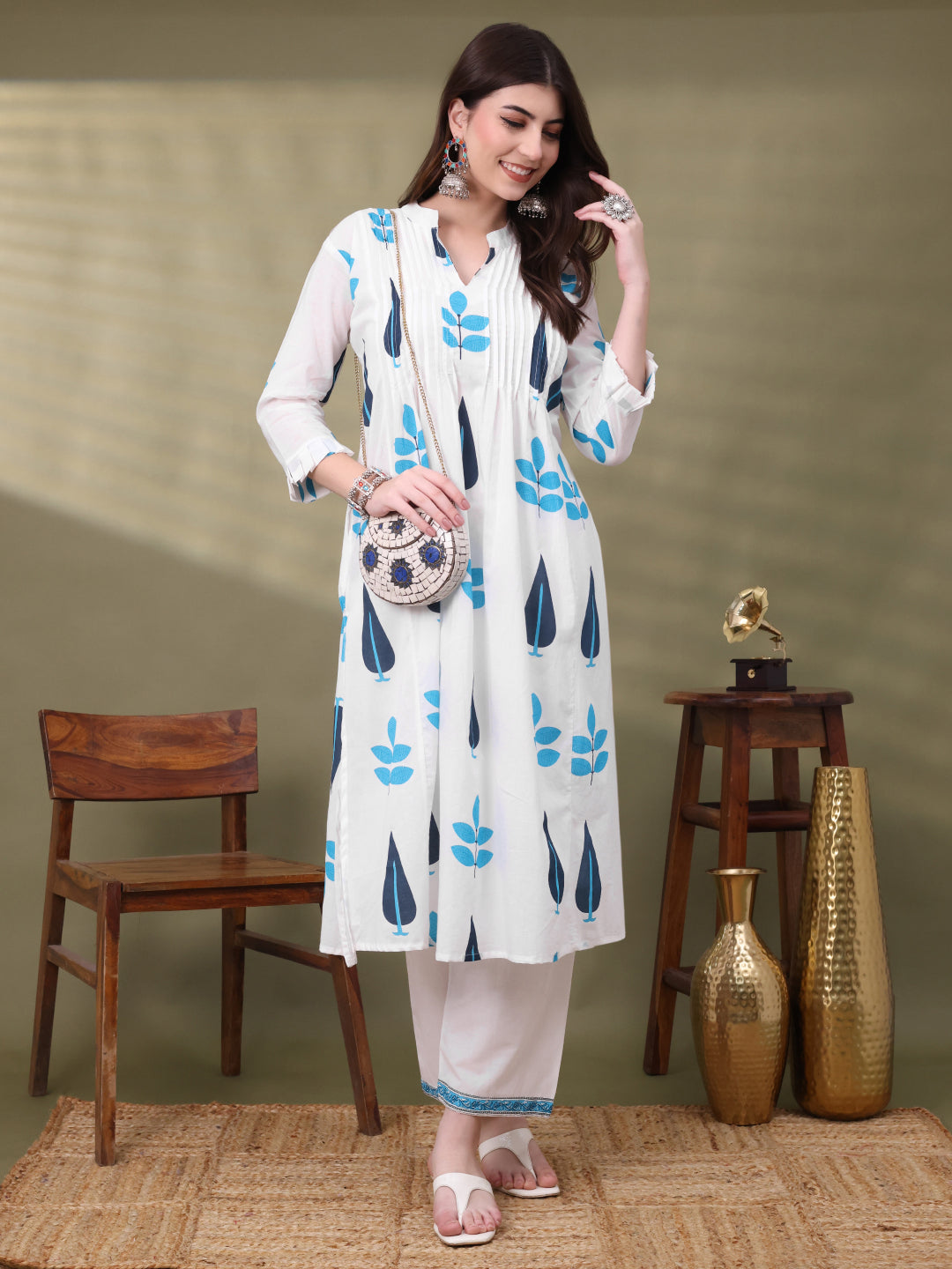 Blue Pure Cotton Embellished Co-ords Set