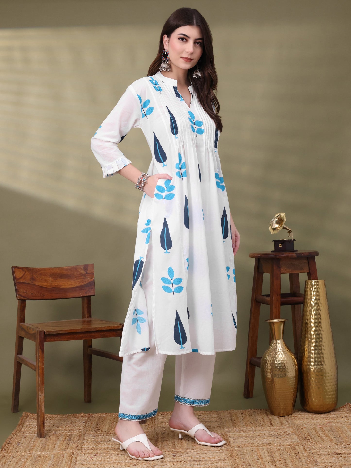 Blue Pure Cotton Embellished Co-ords Set