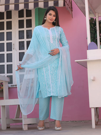 Aqua Straight Rayon Printed Kurta With Pant And Dupatta
