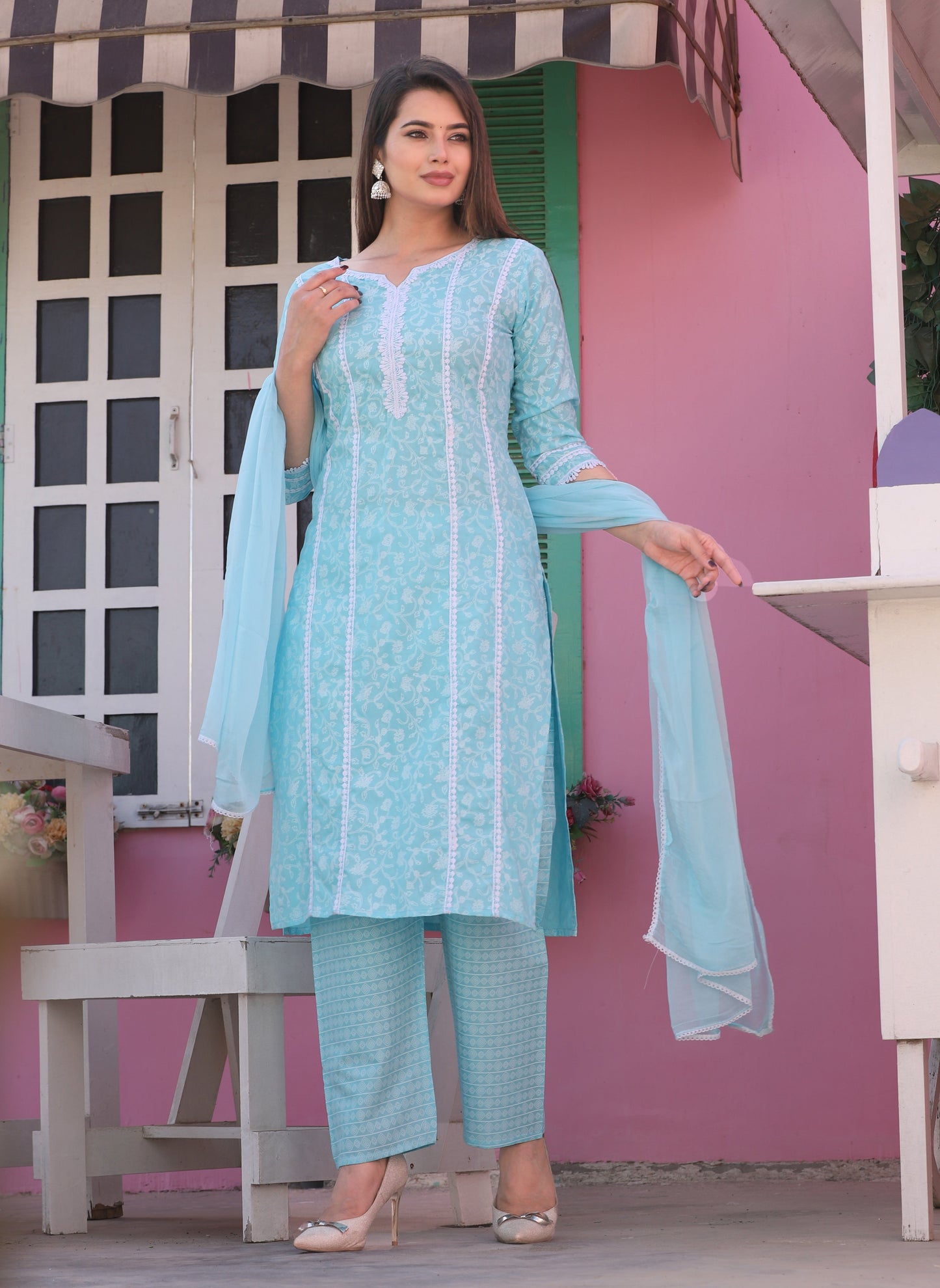 Aqua Straight Rayon Printed Kurta With Pant And Dupatta