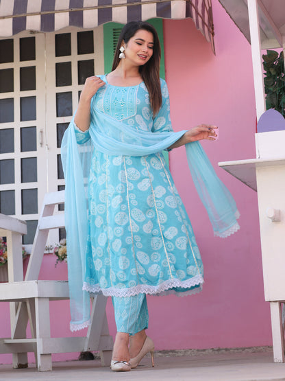 Aqua Anarkali Rayon Printd Embroiderd Kurta With Pant And Dupatta