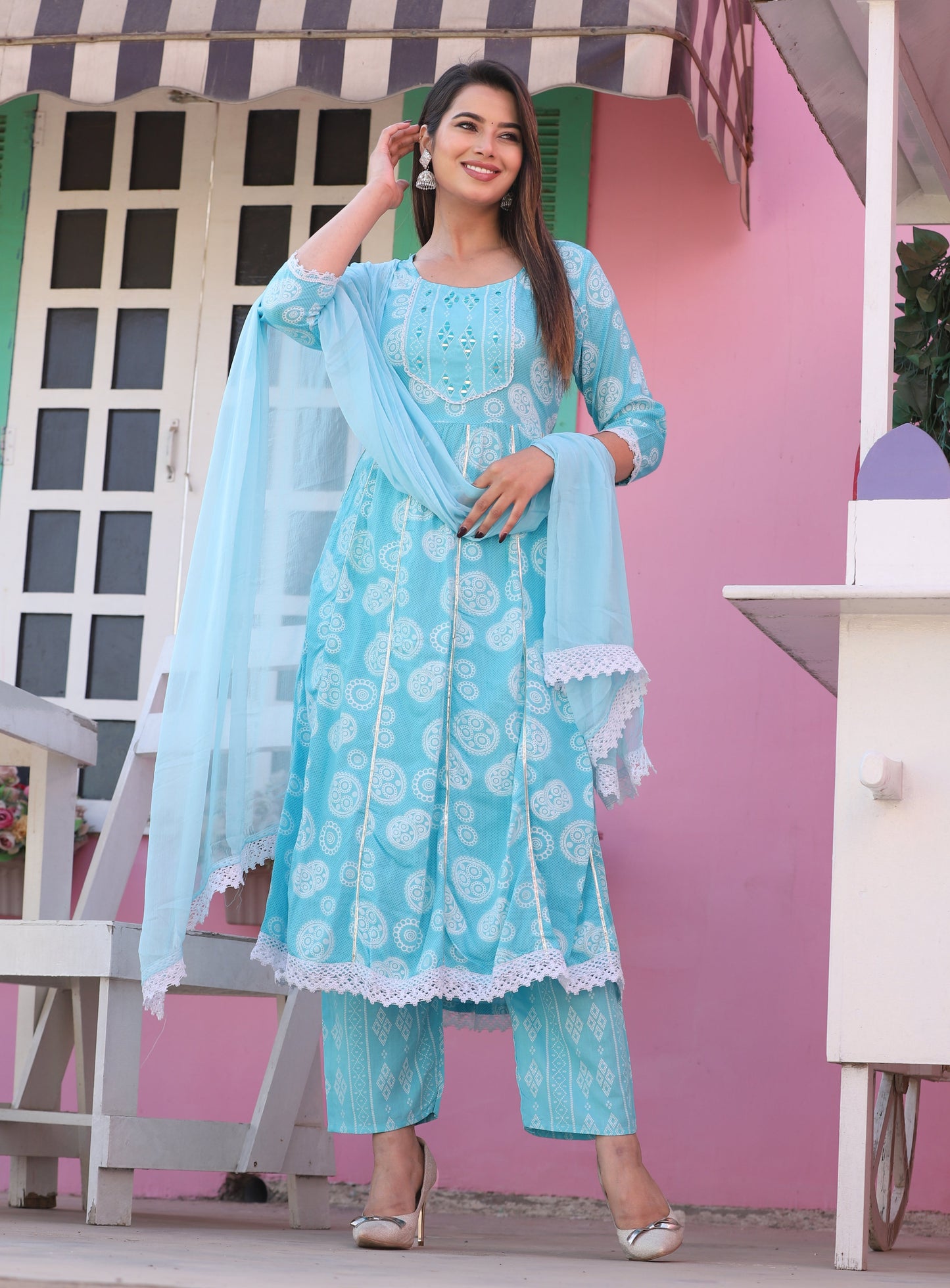 Aqua Anarkali Rayon Printd Embroiderd Kurta With Pant And Dupatta
