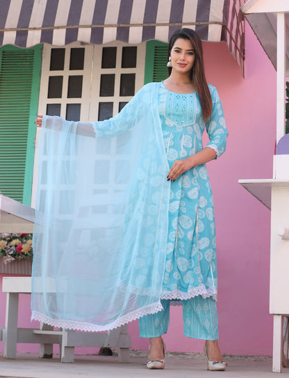 Aqua Anarkali Rayon Printd Embroiderd Kurta With Pant And Dupatta