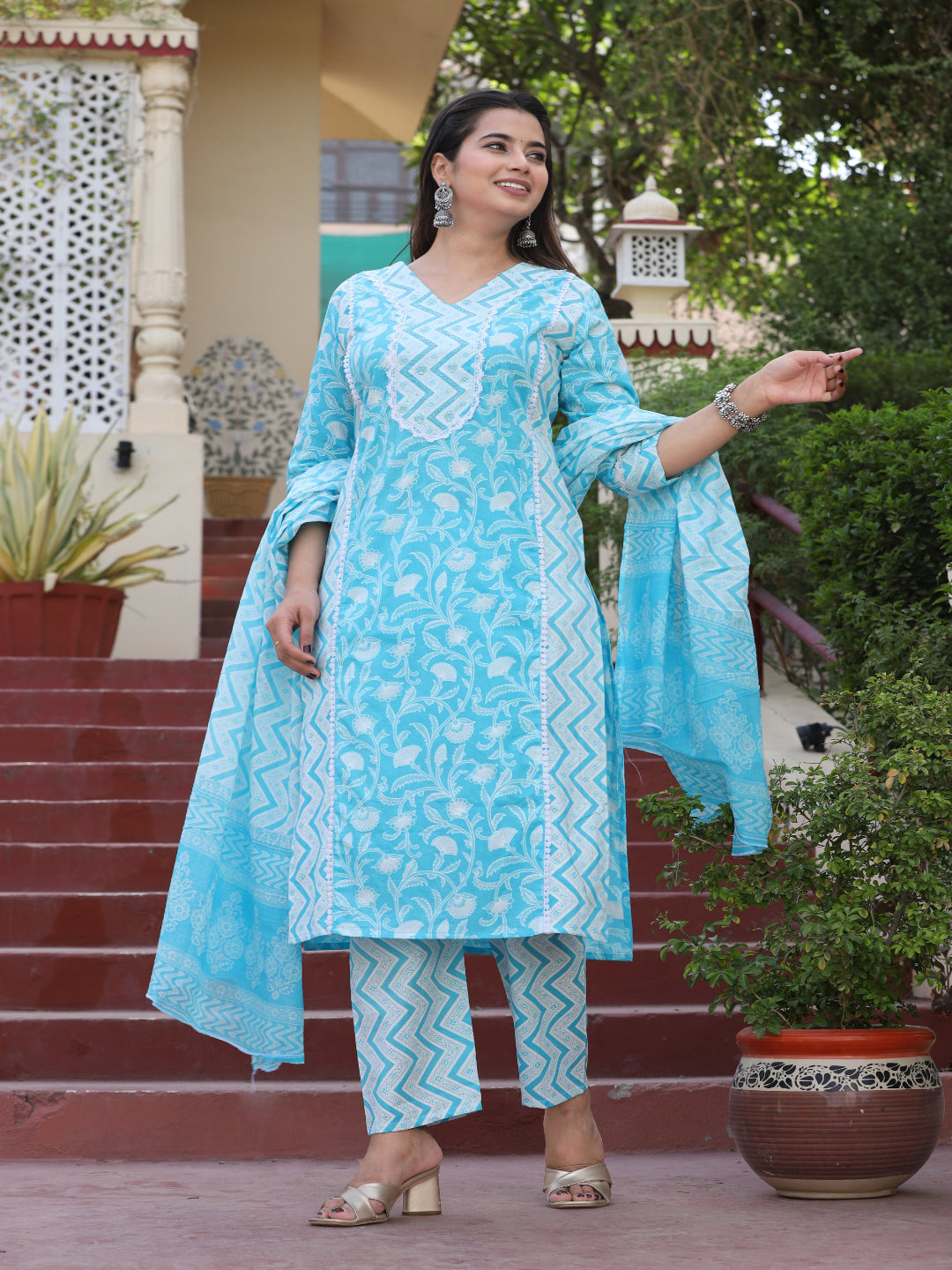 Aqua Straight Cotton Printed Kurta With Pant And Dupatta