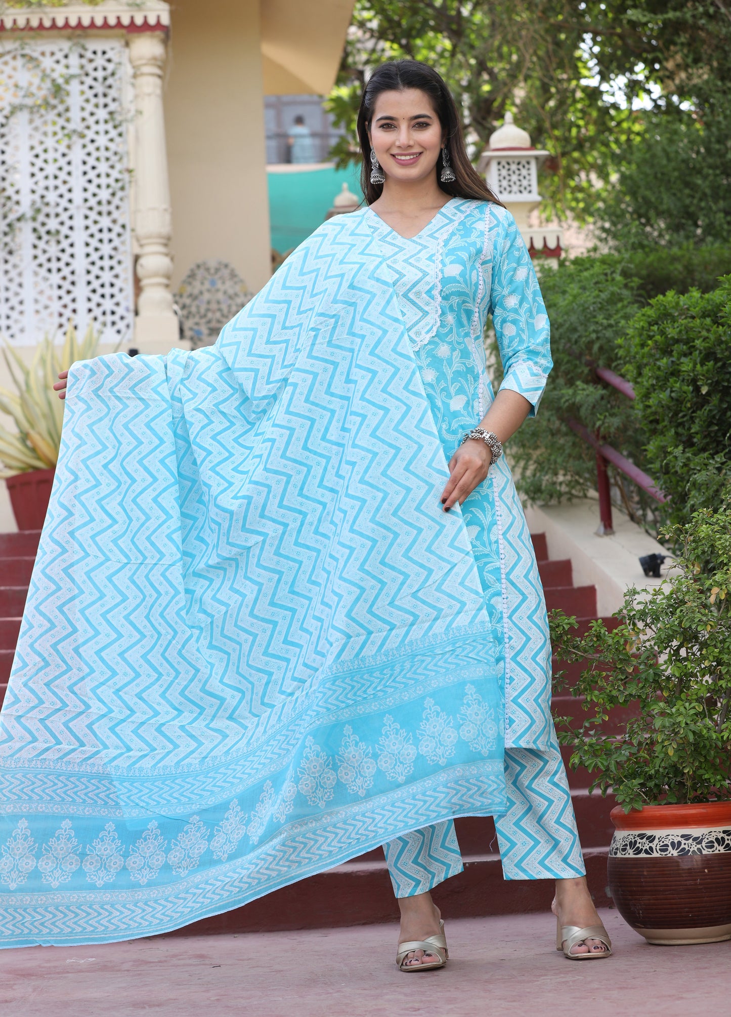 Aqua Straight Cotton Printed Kurta With Pant And Dupatta