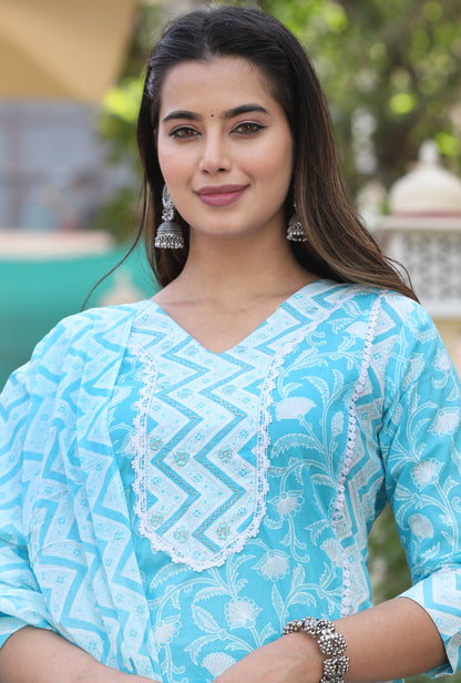 Aqua Straight Cotton Printed Kurta With Pant And Dupatta