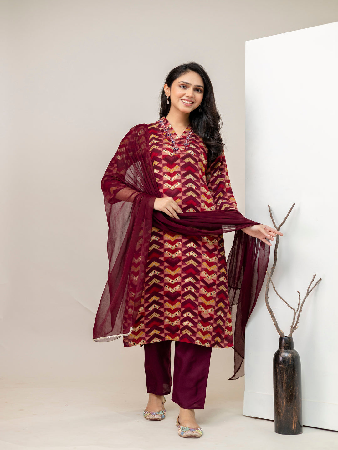 Maroon Straight Rayon Printed Kurta With Pant And Dupatta