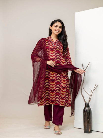 Maroon Straight Rayon Printed Kurta With Pant And Dupatta