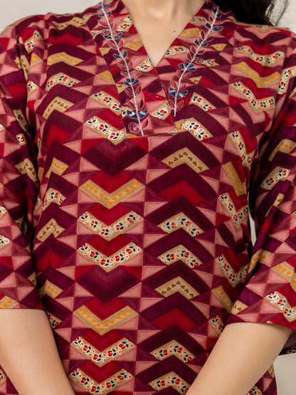 Maroon Straight Rayon Printed Kurta With Pant And Dupatta