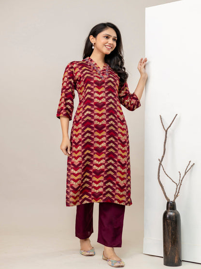 Maroon Straight Rayon Printed Kurta With Pant And Dupatta