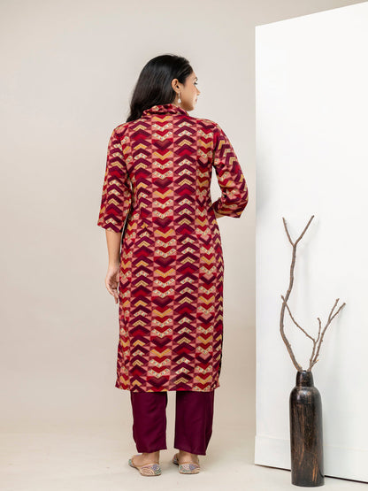 Maroon Straight Rayon Printed Kurta With Pant And Dupatta