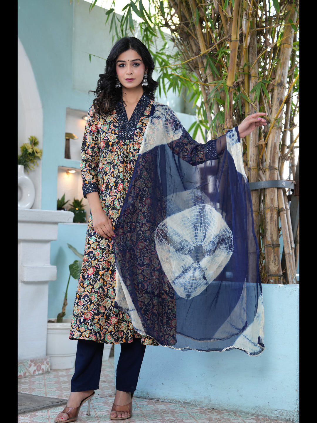 Blue Printed A-Line Rayon Kurta With Pant And Dupatta