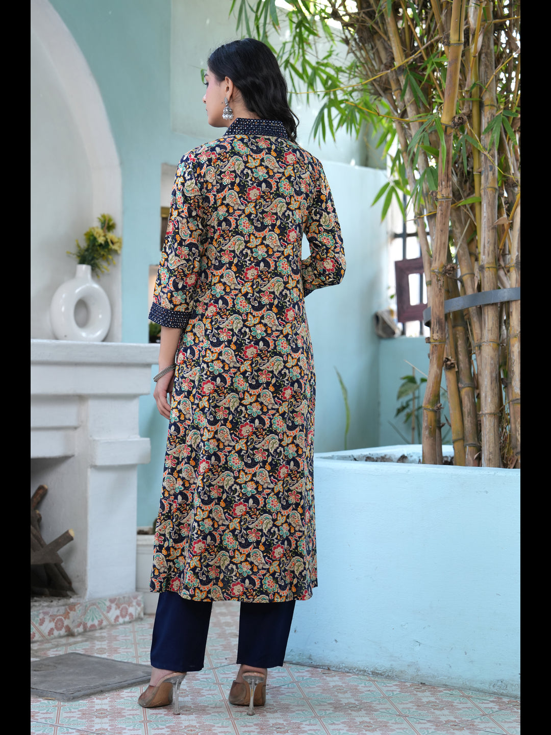 Blue Printed A-Line Rayon Kurta With Pant And Dupatta