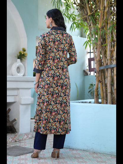 Blue Printed A-Line Rayon Kurta With Pant And Dupatta