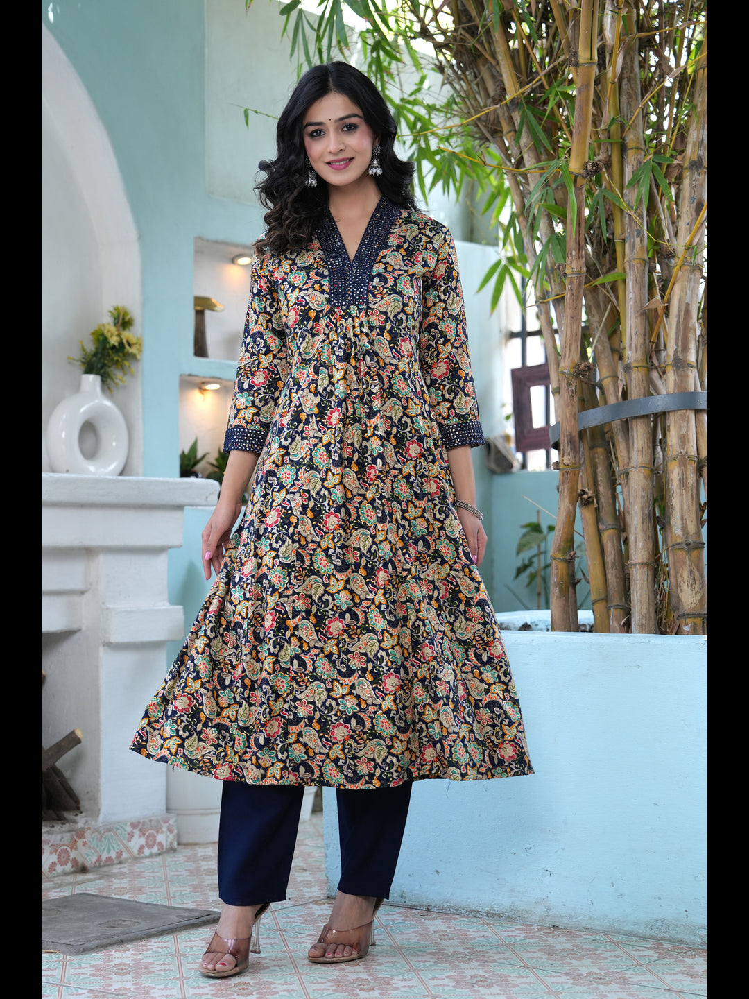 Blue Printed A-Line Rayon Kurta With Pant And Dupatta