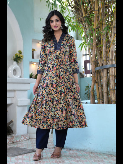 Blue Printed A-Line Rayon Kurta With Pant And Dupatta