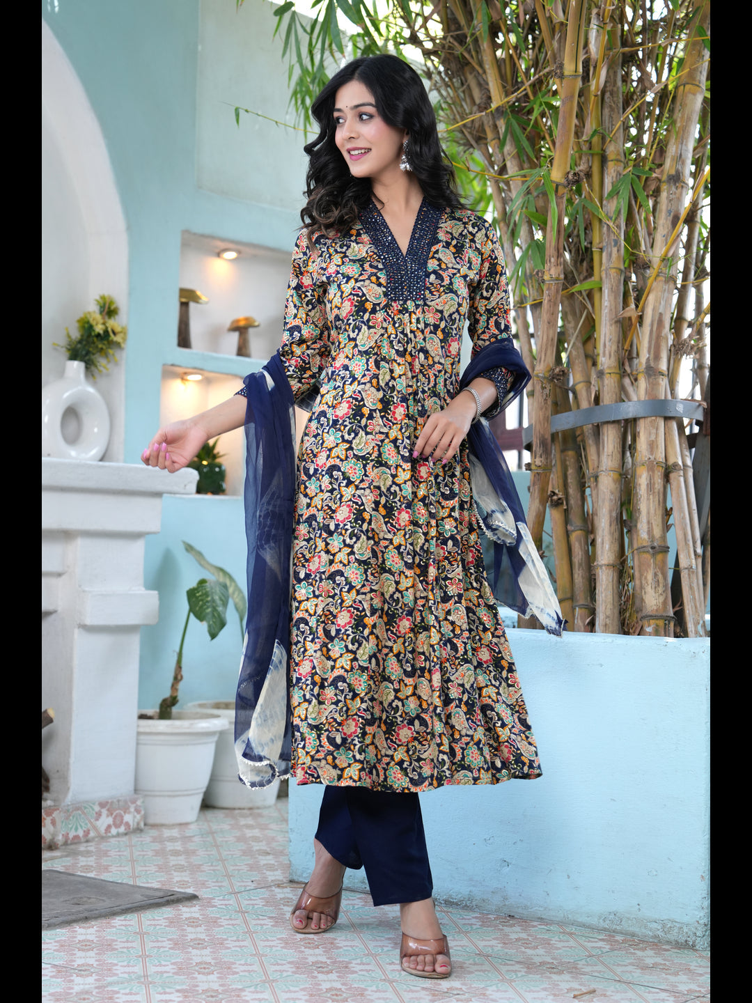 Blue Printed A-Line Rayon Kurta With Pant And Dupatta