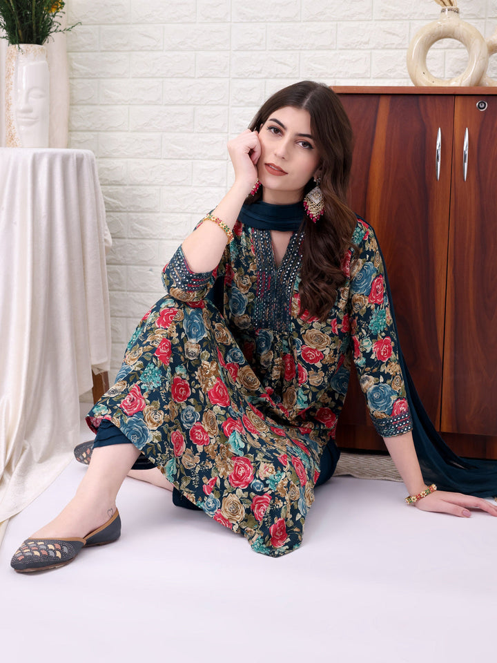 Blue Rayon Self Design Kurta Sets