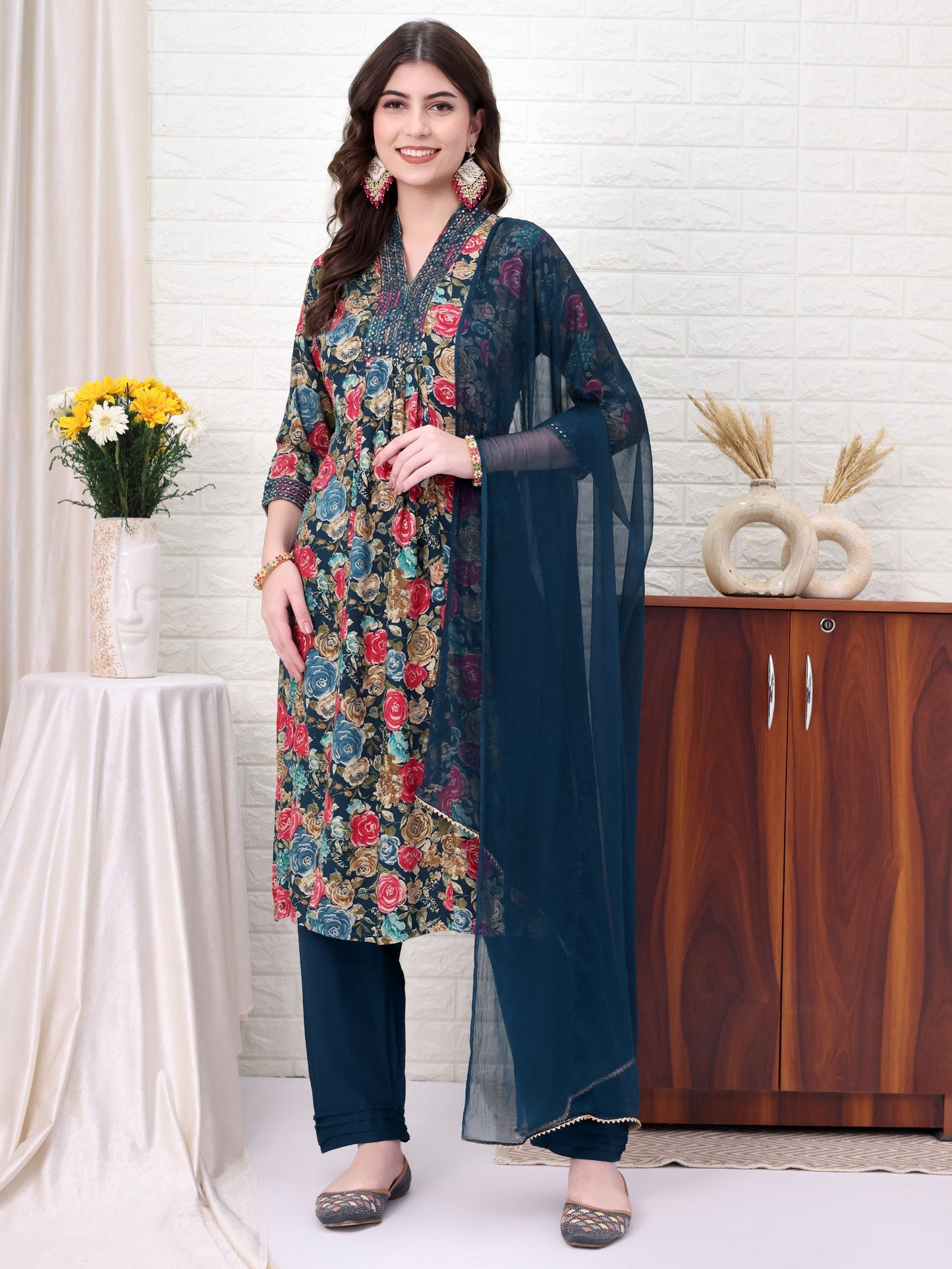 Blue Rayon Self Design Kurta Sets