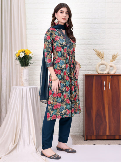 Blue Rayon Self Design Kurta Sets