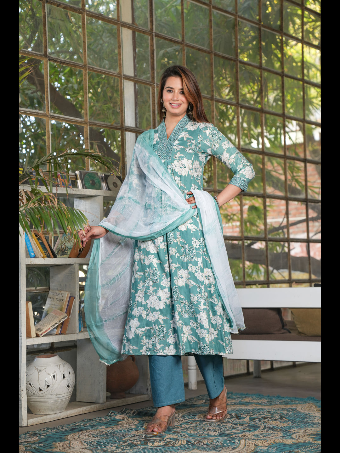 Green A-Line Rayon Printed Kurta Bottom With Dupatta