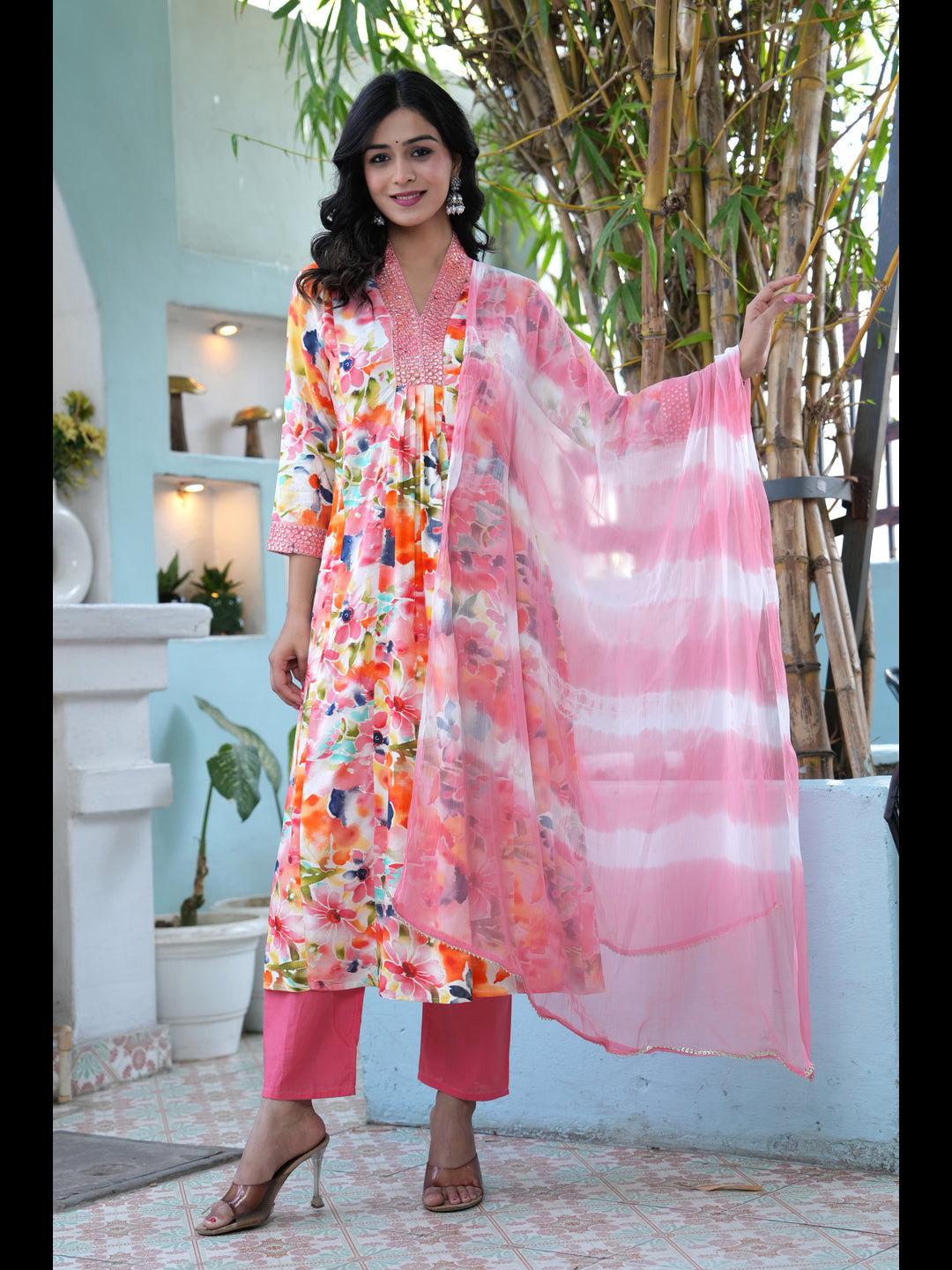 Multi Printed A-Line Rayon Kurta With Pant And Dupatta