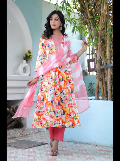 Multi Printed A-Line Rayon Kurta With Pant And Dupatta
