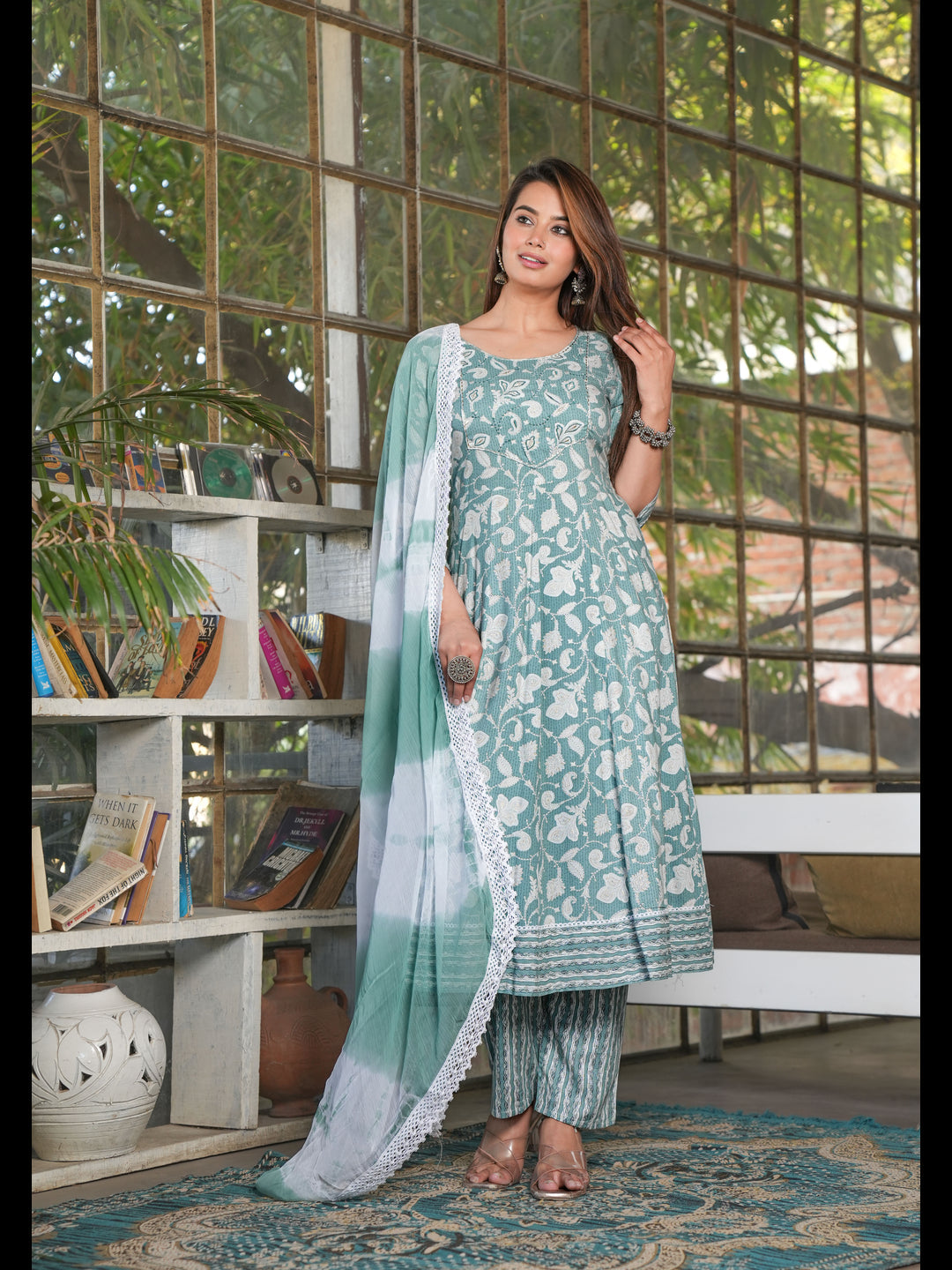 Green Anarkali Rayon Printed Kurta Bottom With Dupatta