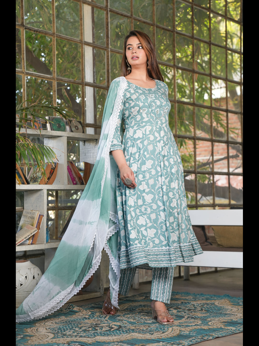 Green Anarkali Rayon Printed Kurta Bottom With Dupatta