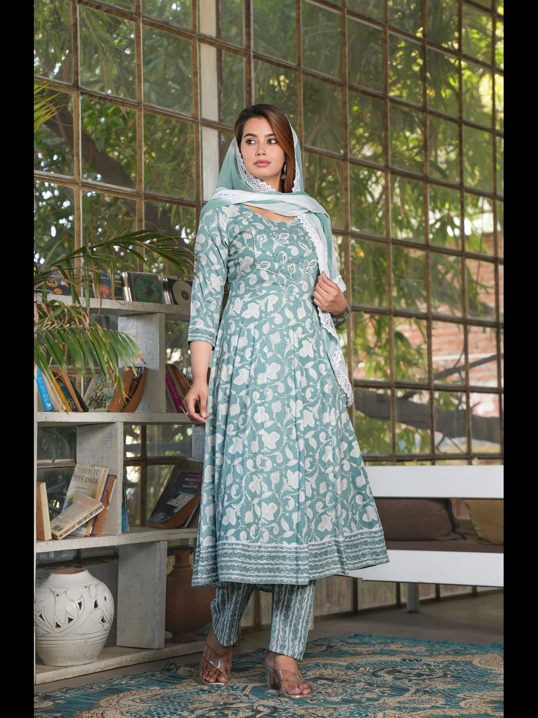 Green Anarkali Rayon Printed Kurta Bottom With Dupatta