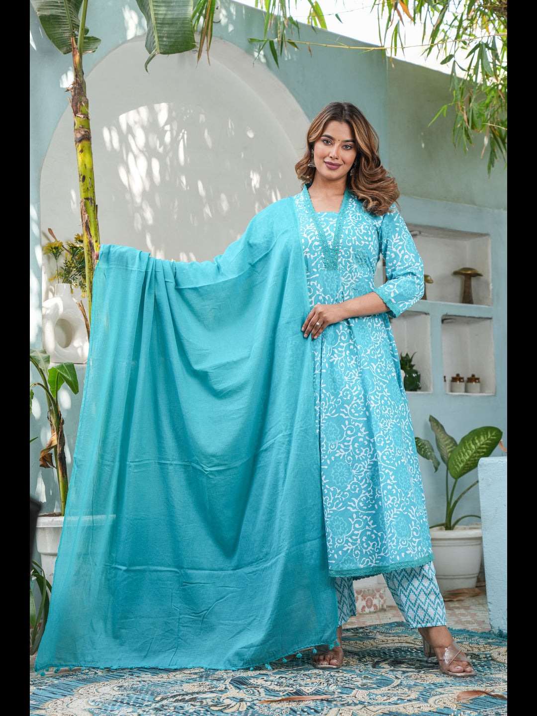 Green Printed Anarkali Cotton Kurta Bottom With Dupatta