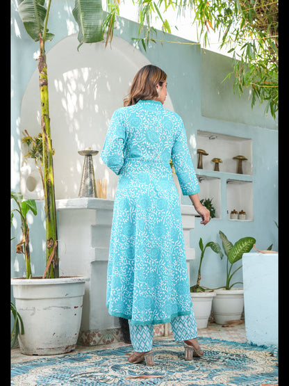 Green Printed Anarkali Cotton Kurta Bottom With Dupatta