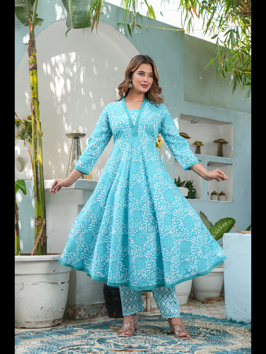 Green Printed Anarkali Cotton Kurta Bottom With Dupatta