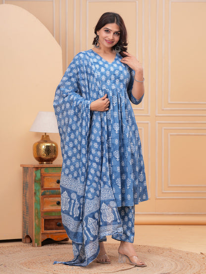 Turquoise Aline Cotton Printed Kurta With Pant And Dupatta