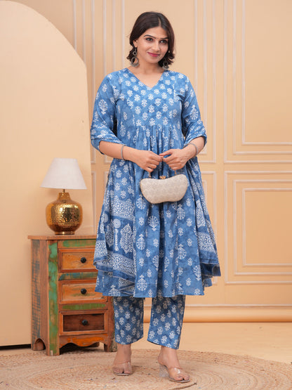 Turquoise Aline Cotton Printed Kurta With Pant And Dupatta
