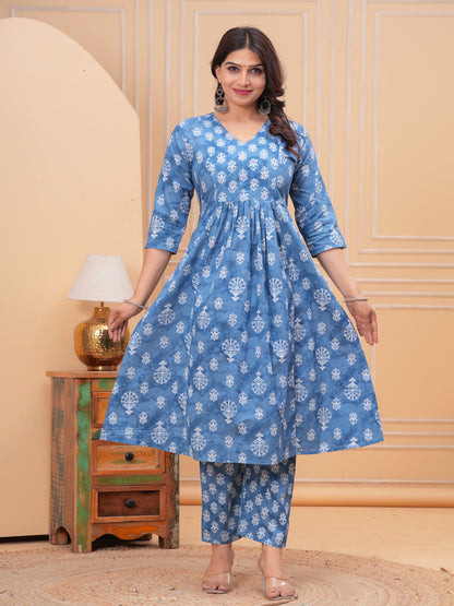 Turquoise Aline Cotton Printed Kurta With Pant And Dupatta
