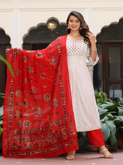 White Anarkali Rayon Printed Embroiderd Kurta With Pant And Dupatta