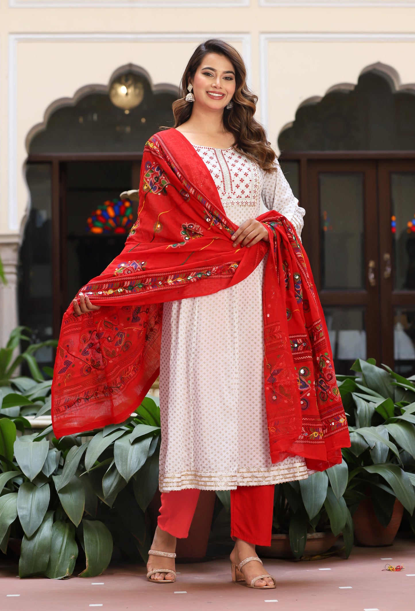 White Anarkali Rayon Printed Embroiderd Kurta With Pant And Dupatta