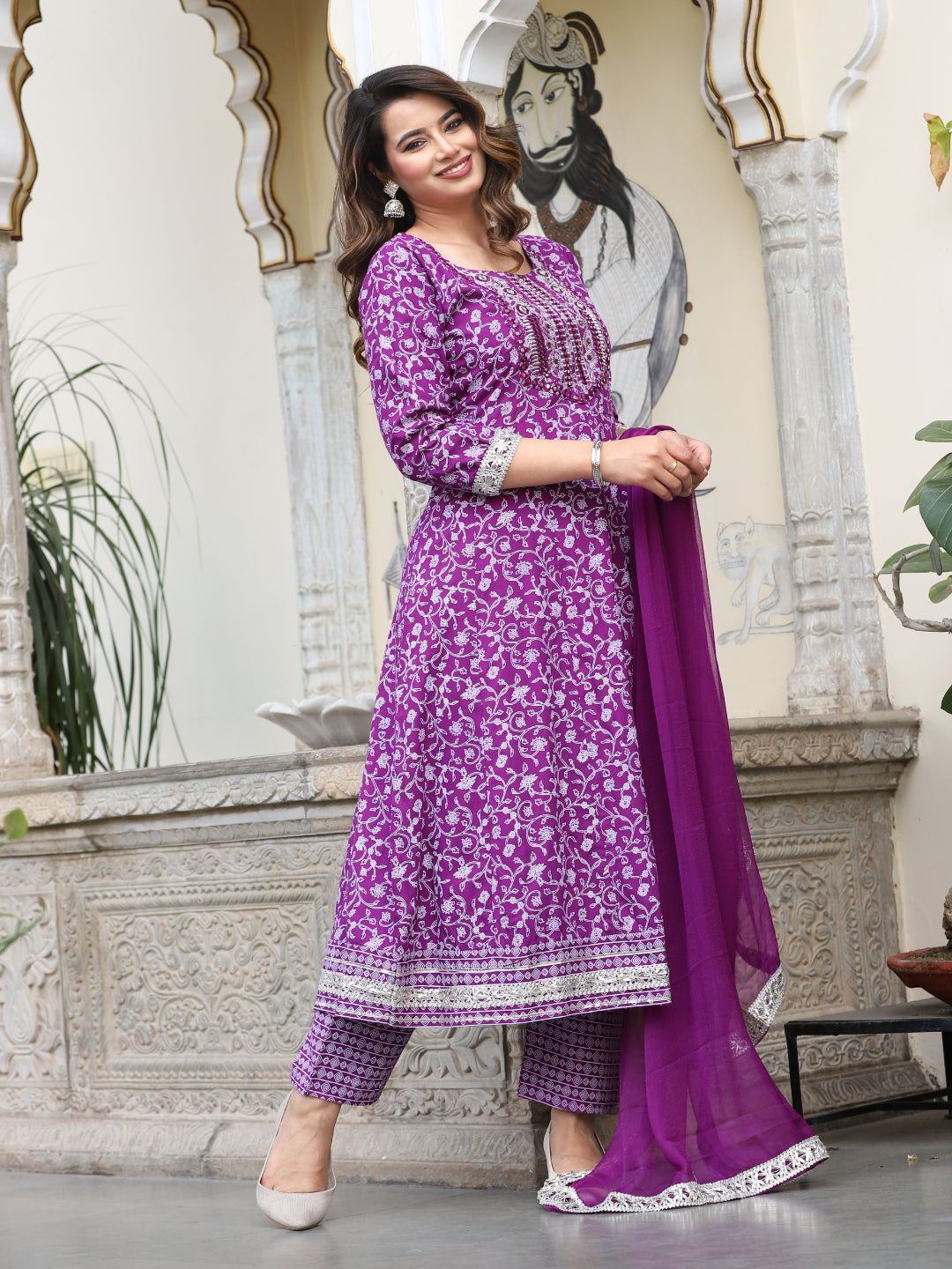Wine Anarkali Rayon Printed Embroiderd Kurta With Pant And Dupatta